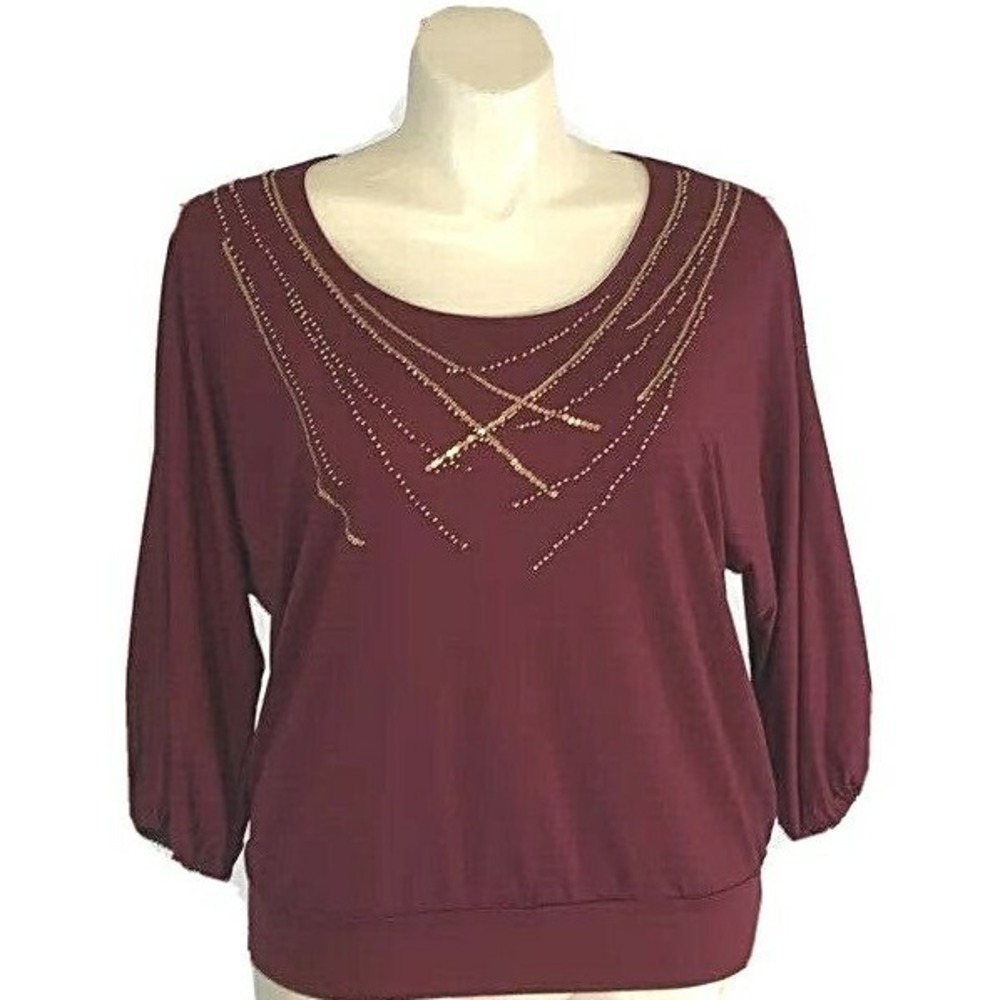 Jones NY‎ Top XL Burgundy Red Jersey Knit Gold Bead Sequin Dolman Sl Blouse
